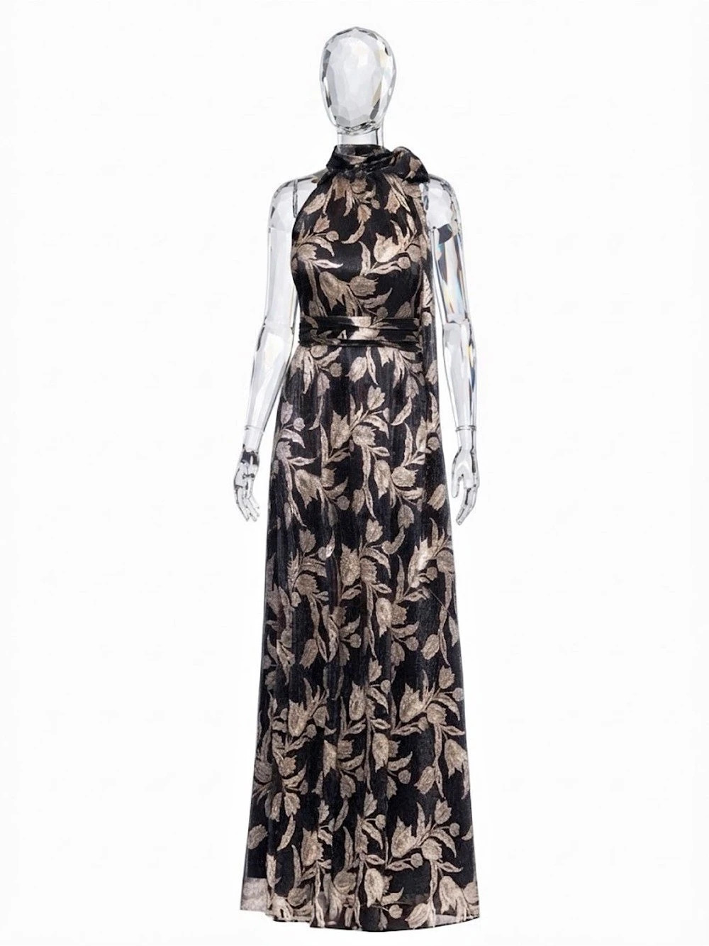 Betsy & Adam Metallic Floral Halter Gown Black & Gold Size 8P